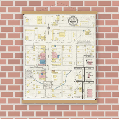Old map wall art mockup — magnetic wood frame on brick wall — Sanborn Fire Insurance Map from Roland, Story County, Iowa (1916), Sheet #0001