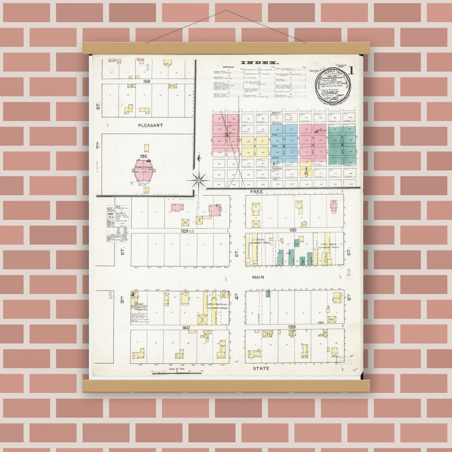 Old map wall art mockup — magnetic wood frame on brick wall — Sanborn Fire Insurance Map from Osage, Mitchell County, Iowa (1892) â€” Complete Set