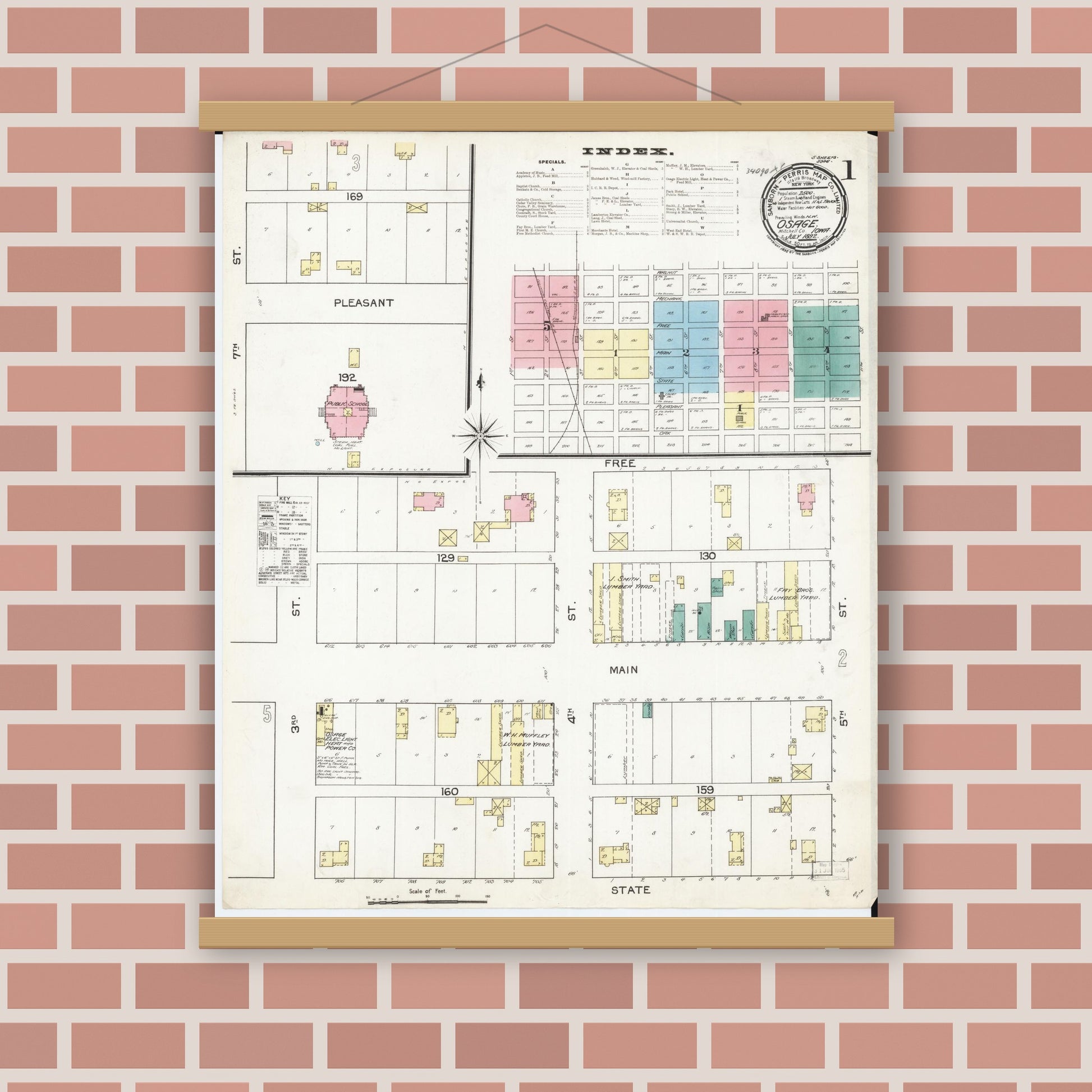 Old map wall art mockup — magnetic wood frame on brick wall — Sanborn Fire Insurance Map from Osage, Mitchell County, Iowa (1892) â€” Complete Set
