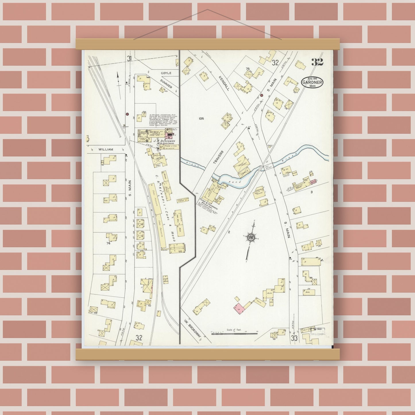 Old map wall art mockup — magnetic wood frame on brick wall — Sanborn Fire Insurance Map from Gardner, Worcester County, Massachusetts (1914), Sheet #0032