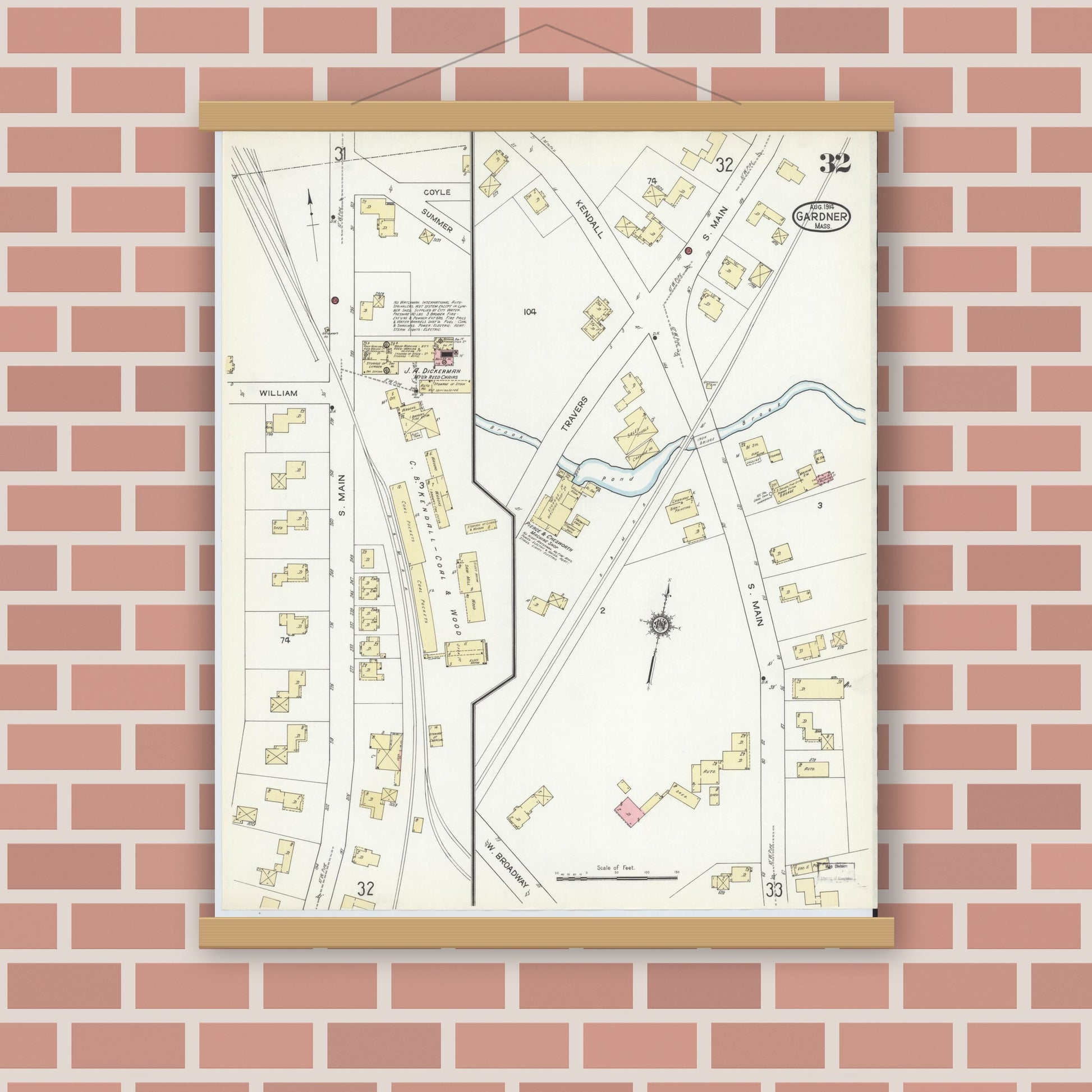 Old map wall art mockup — magnetic wood frame on brick wall — Sanborn Fire Insurance Map from Gardner, Worcester County, Massachusetts (1914), Sheet #0032