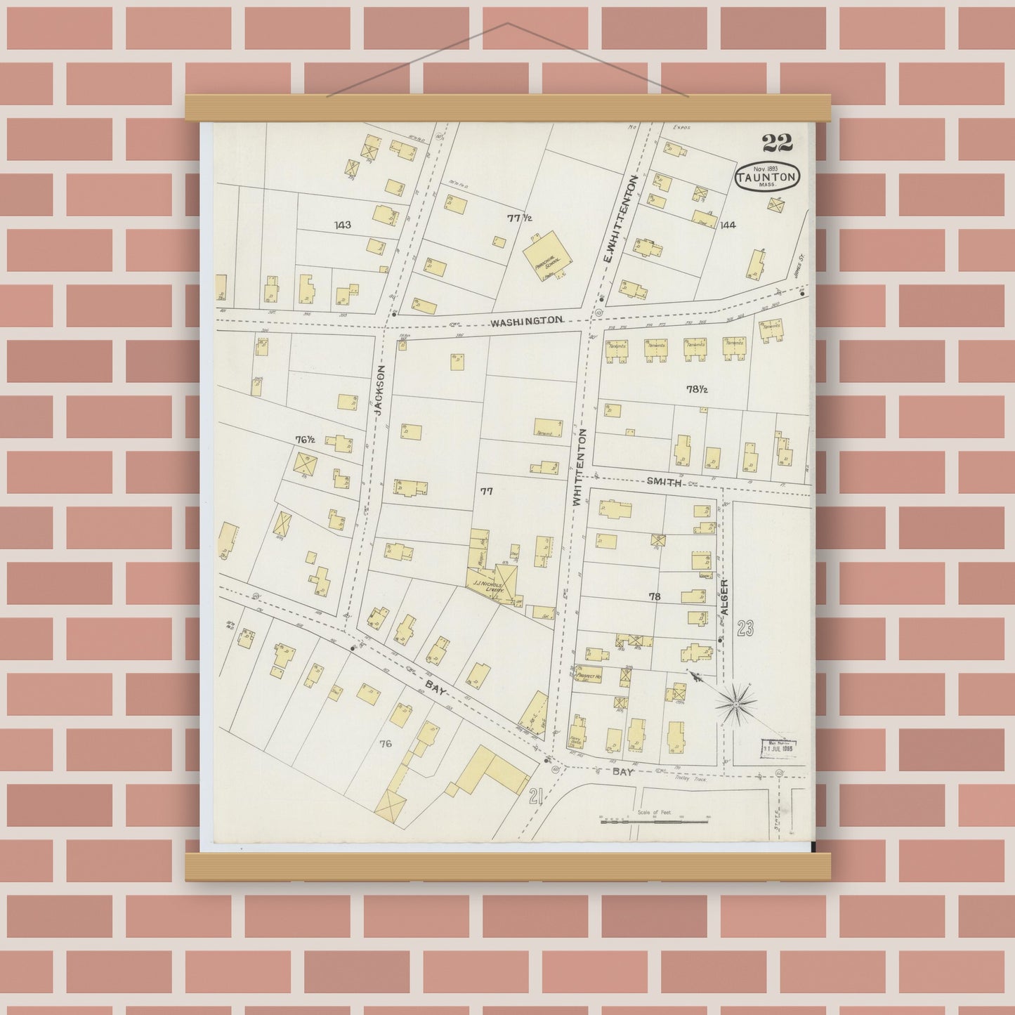 Old map wall art mockup — magnetic wood frame on brick wall — Sanborn Fire Insurance Map from Taunton, Bristol County, Massachusetts (1893), Sheet #0022