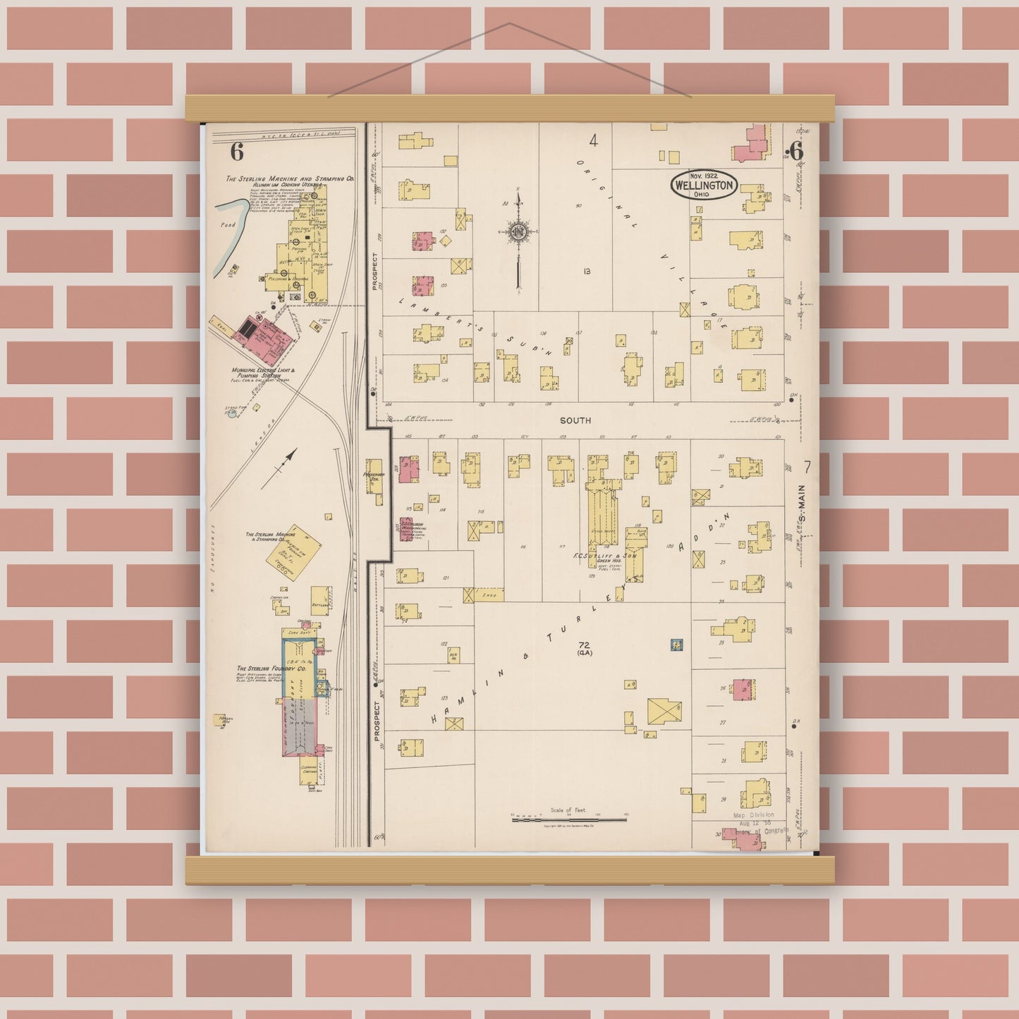 Old map wall art mockup — magnetic wood frame on brick wall — Sanborn Fire Insurance Map from Wellington, Lorain County, Ohio (1922), Sheet #0006
