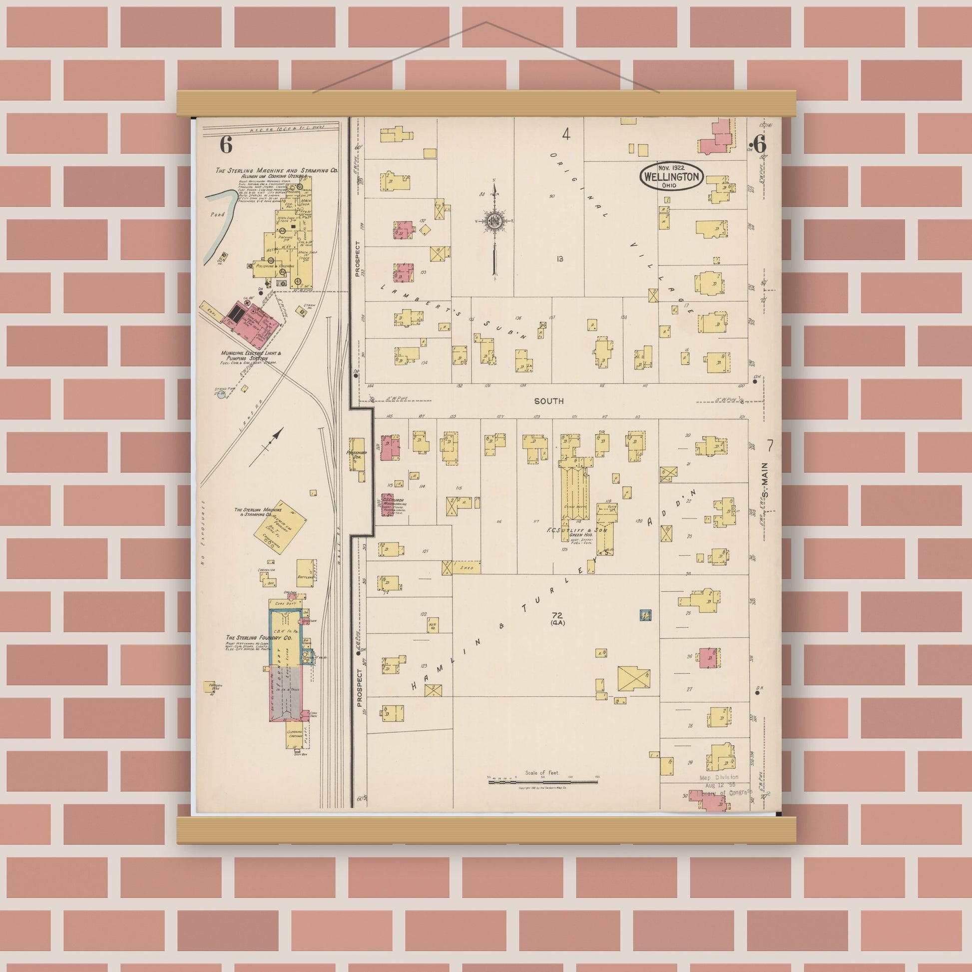 Old map wall art mockup — magnetic wood frame on brick wall — Sanborn Fire Insurance Map from Wellington, Lorain County, Ohio (1922), Sheet #0006