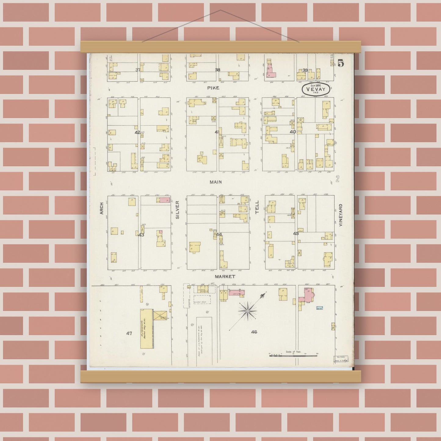 Old map wall art mockup — magnetic wood frame on brick wall — Sanborn Fire Insurance Map from Vevay, Switzerland County, Indiana (1892), Sheet #0005