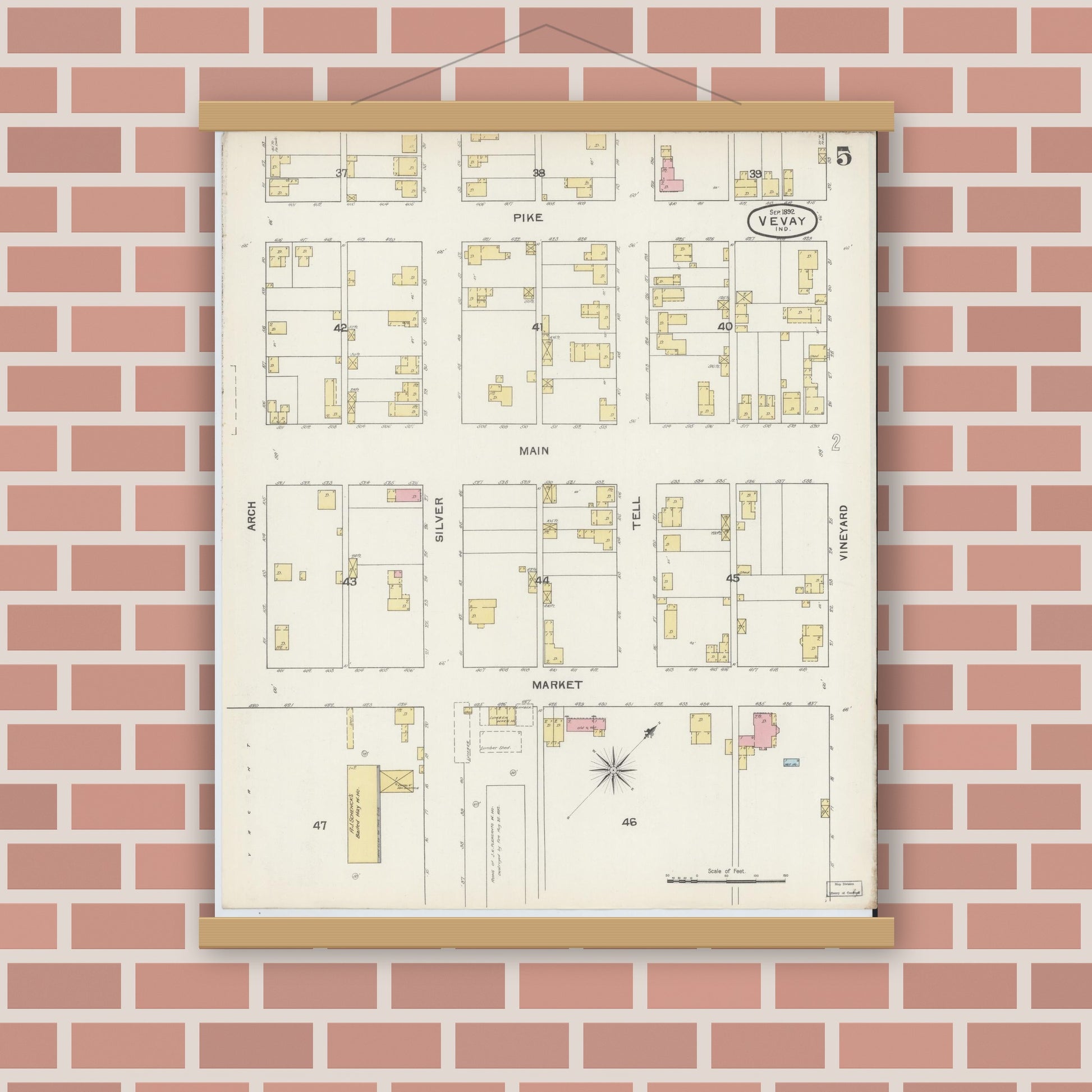 Old map wall art mockup — magnetic wood frame on brick wall — Sanborn Fire Insurance Map from Vevay, Switzerland County, Indiana (1892), Sheet #0005