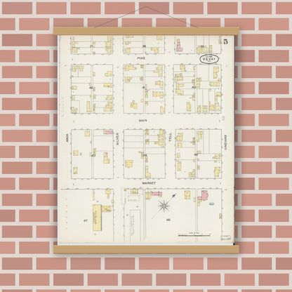 Old map wall art mockup — magnetic wood frame on brick wall — Sanborn Fire Insurance Map from Vevay, Switzerland County, Indiana (1892), Sheet #0005