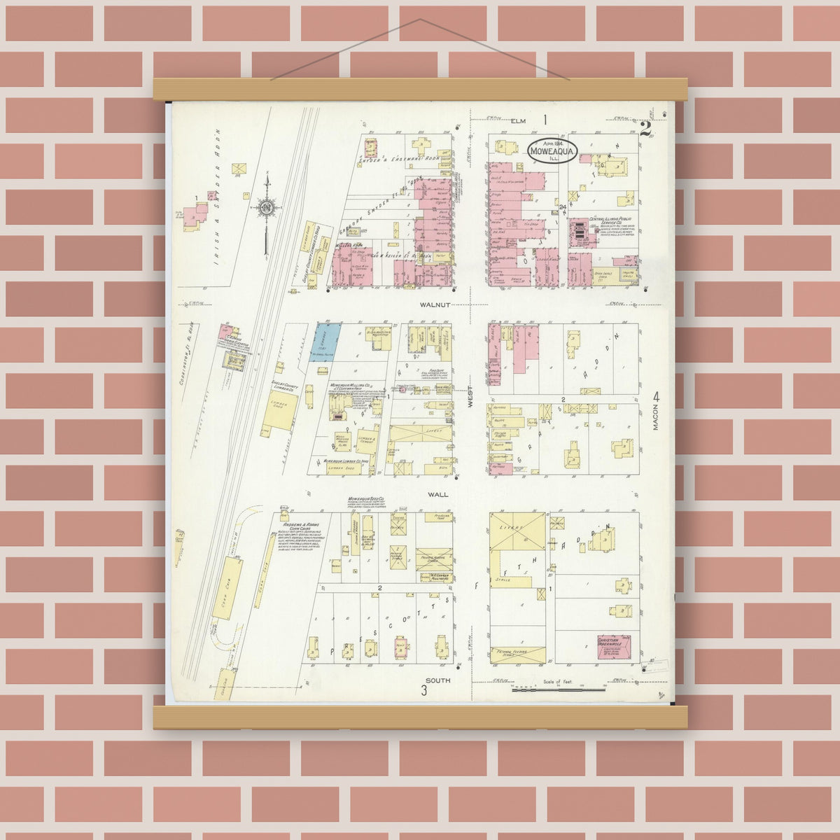 Old map wall art mockup — magnetic wood frame on brick wall — Sanborn Fire Insurance Map from Moweaqua, Shelby County, Illinois (1914), Sheet #0002