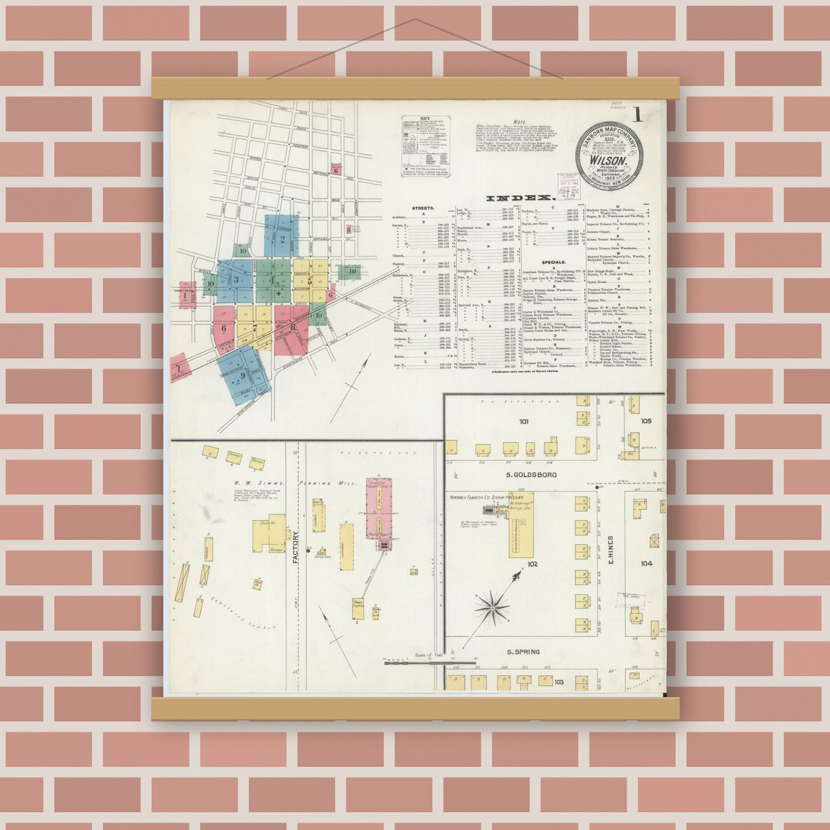 Old map wall art mockup — magnetic wood frame on brick wall — Sanborn Fire Insurance Map from Wilson, Wilson County, North Carolina (1903), Sheet #0001