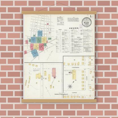 Old map wall art mockup — magnetic wood frame on brick wall — Sanborn Fire Insurance Map from Wilson, Wilson County, North Carolina (1903), Sheet #0001