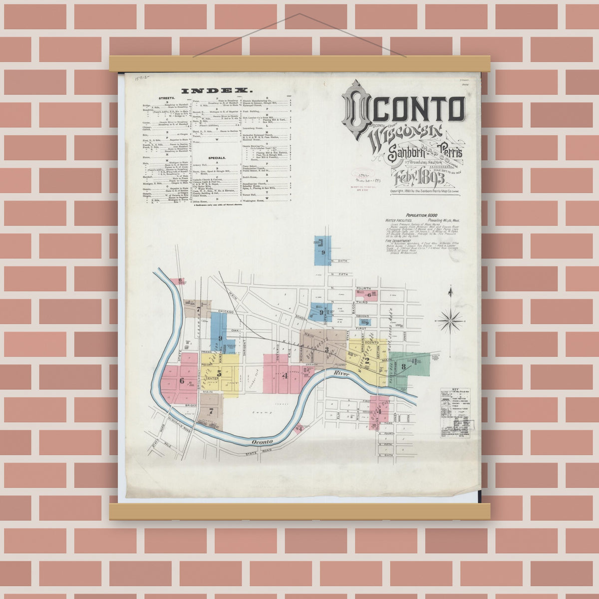 Old map wall art mockup — magnetic wood frame on brick wall — Sanborn Fire Insurance Map from Oconto, Oconto County, Wisconsin (1893), Sheet #0001