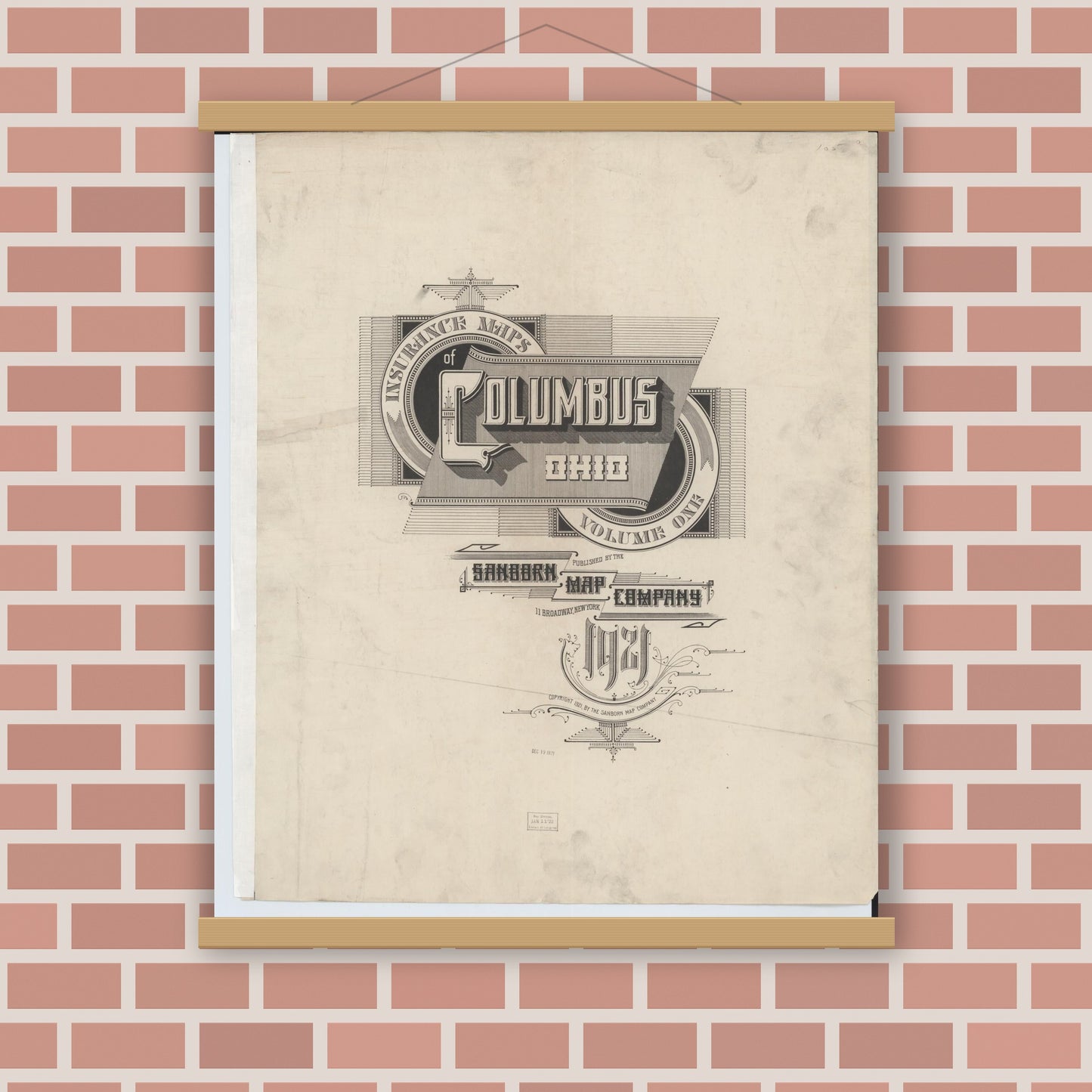 Old map wall art mockup — magnetic wood frame on brick wall — Sanborn Fire Insurance Map from Columbus, Franklin County, Ohio (1921), Sheet #0001