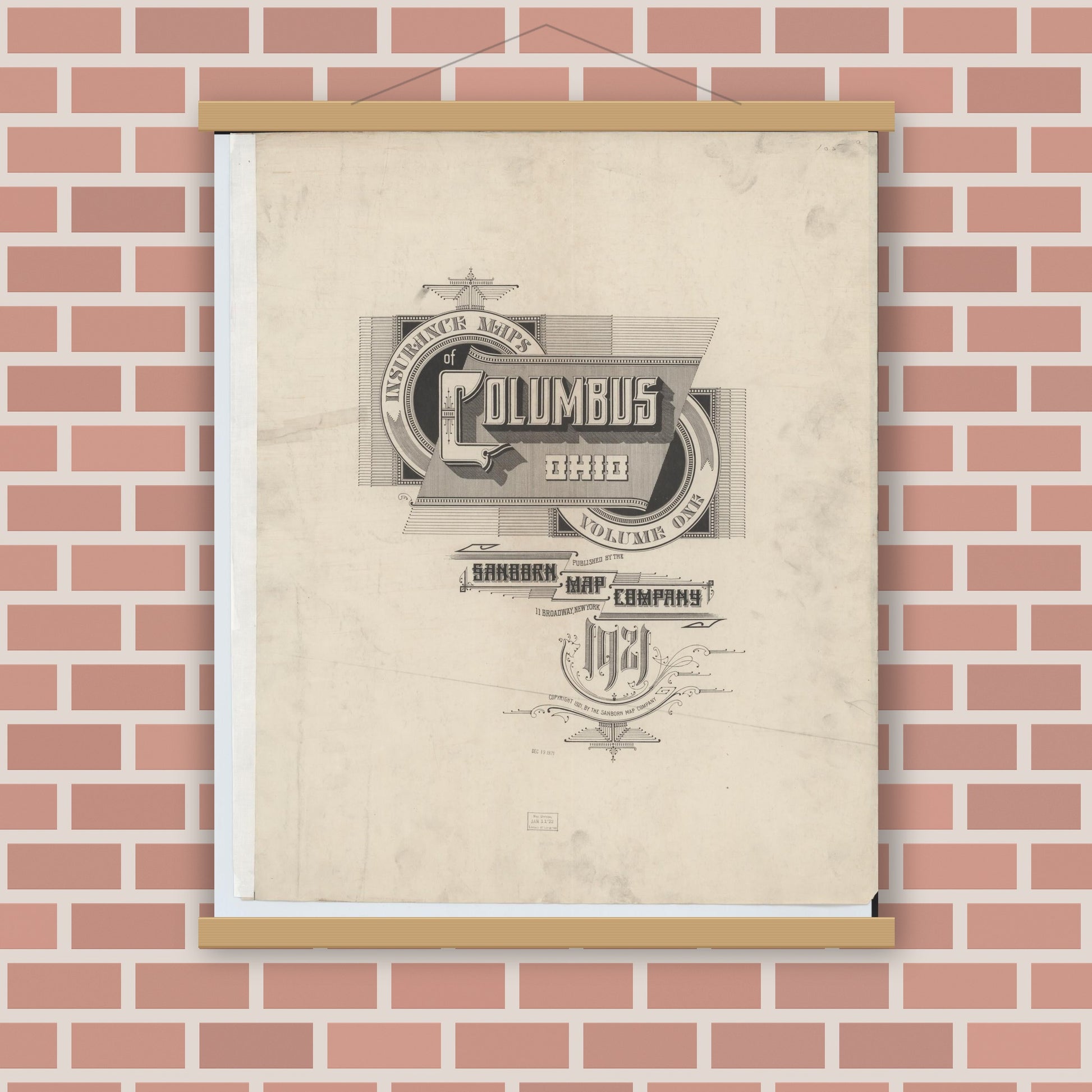Old map wall art mockup — magnetic wood frame on brick wall — Sanborn Fire Insurance Map from Columbus, Franklin County, Ohio (1921), Sheet #0001