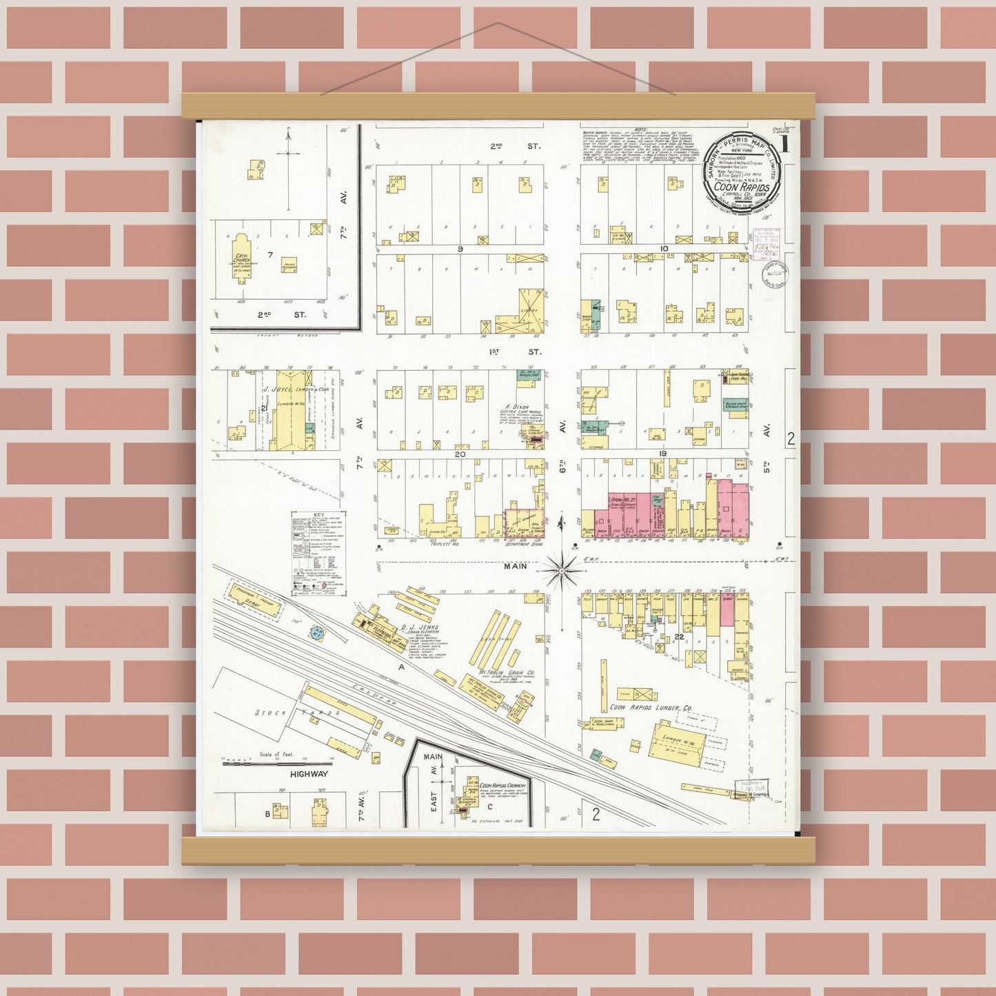 Old map wall art mockup — magnetic wood frame on brick wall — Sanborn Fire Insurance Map from Coon Rapids, Carroll County, Iowa (1901) â€” Complete Set