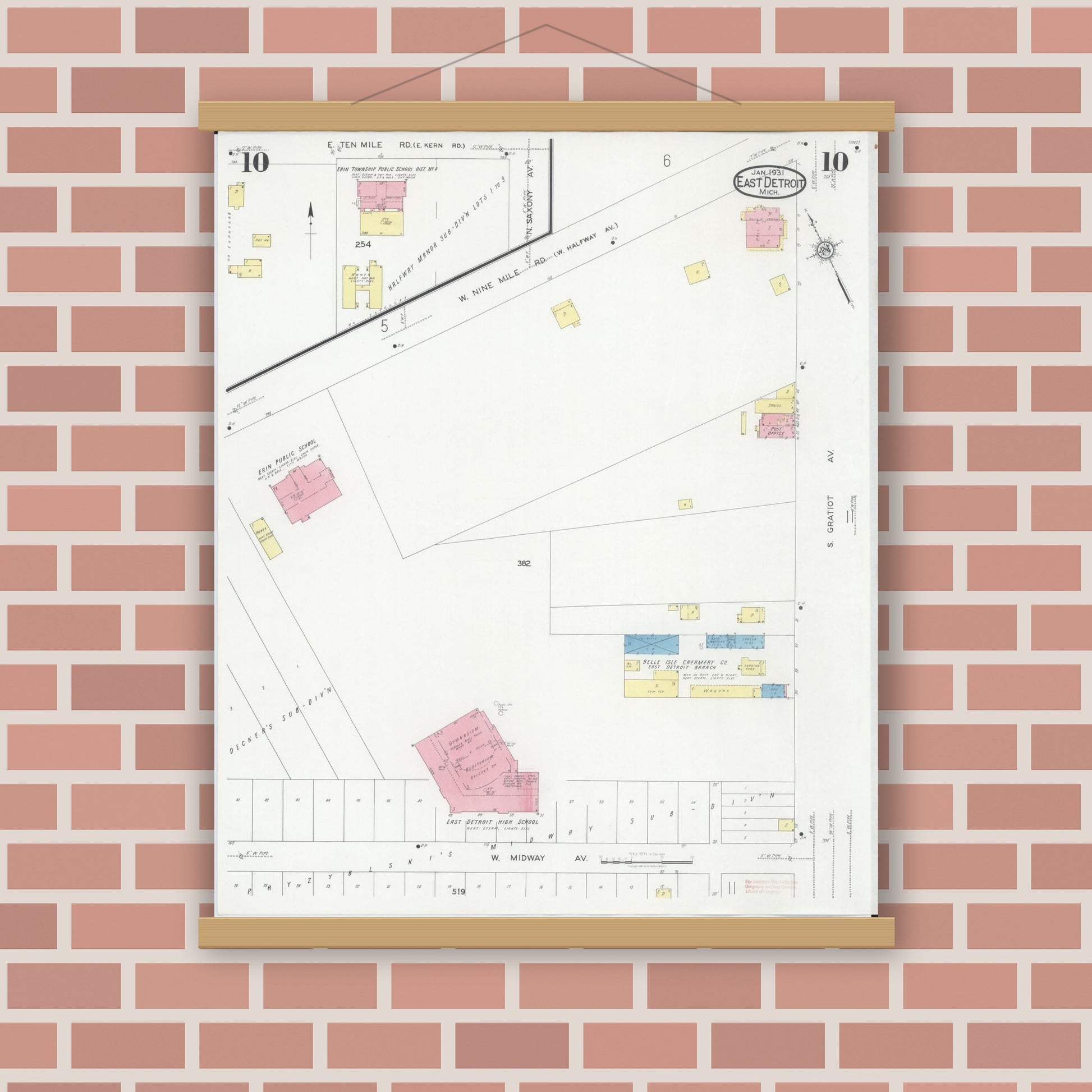 Old map wall art mockup — magnetic wood frame on brick wall — Sanborn Fire Insurance Map from East Detroit, Macomb County, Michigan (1931), Sheet #0010