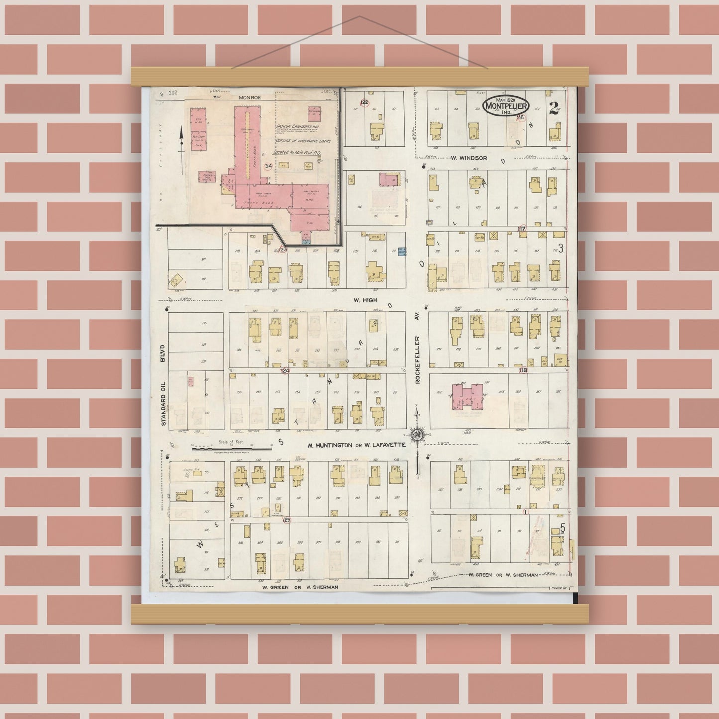 Old map wall art mockup — magnetic wood frame on brick wall — Sanborn Fire Insurance Map from Montpelier, Blackford County, Indiana (1941), Sheet #0002