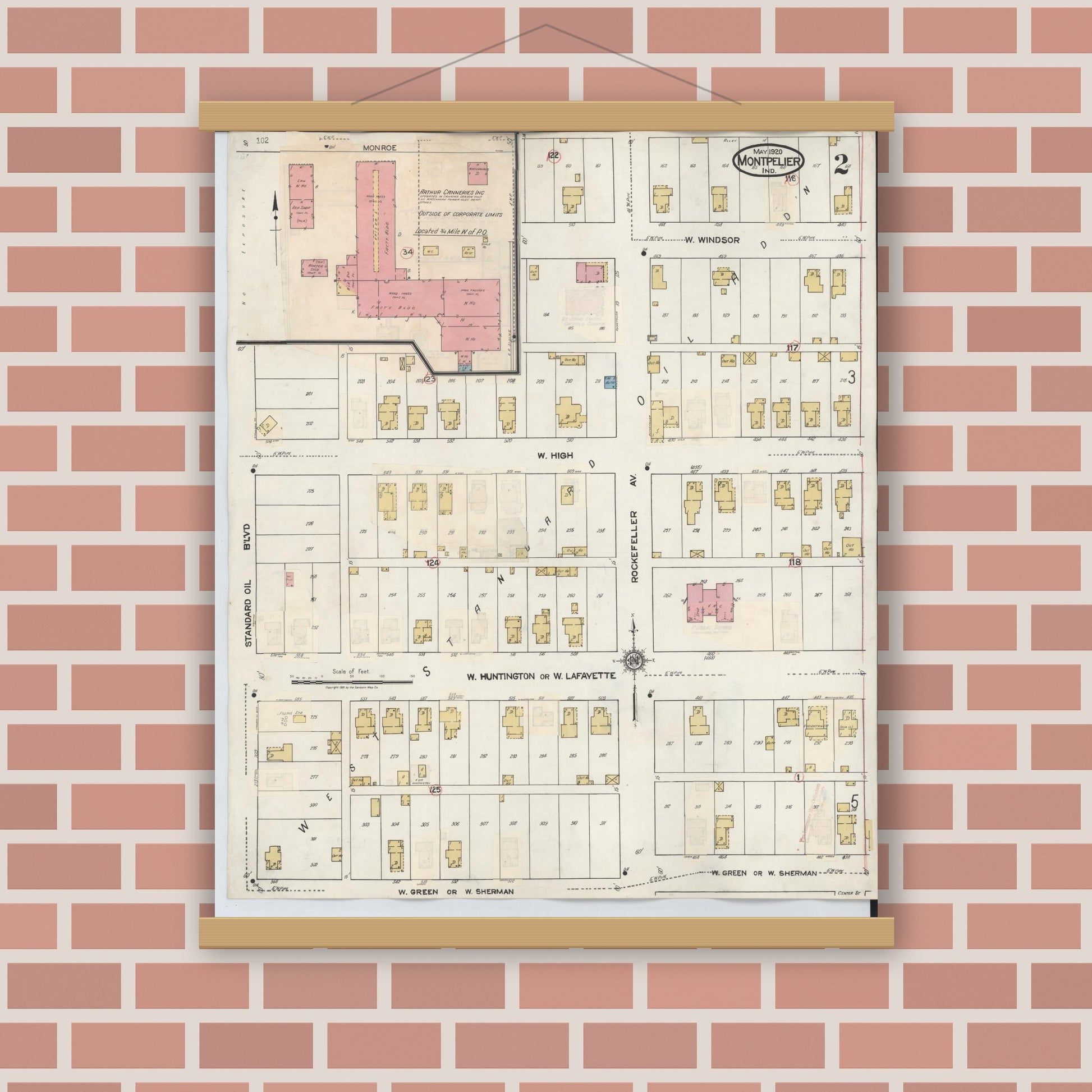 Old map wall art mockup — magnetic wood frame on brick wall — Sanborn Fire Insurance Map from Montpelier, Blackford County, Indiana (1941), Sheet #0002