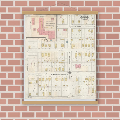 Old map wall art mockup — magnetic wood frame on brick wall — Sanborn Fire Insurance Map from Montpelier, Blackford County, Indiana (1941), Sheet #0002