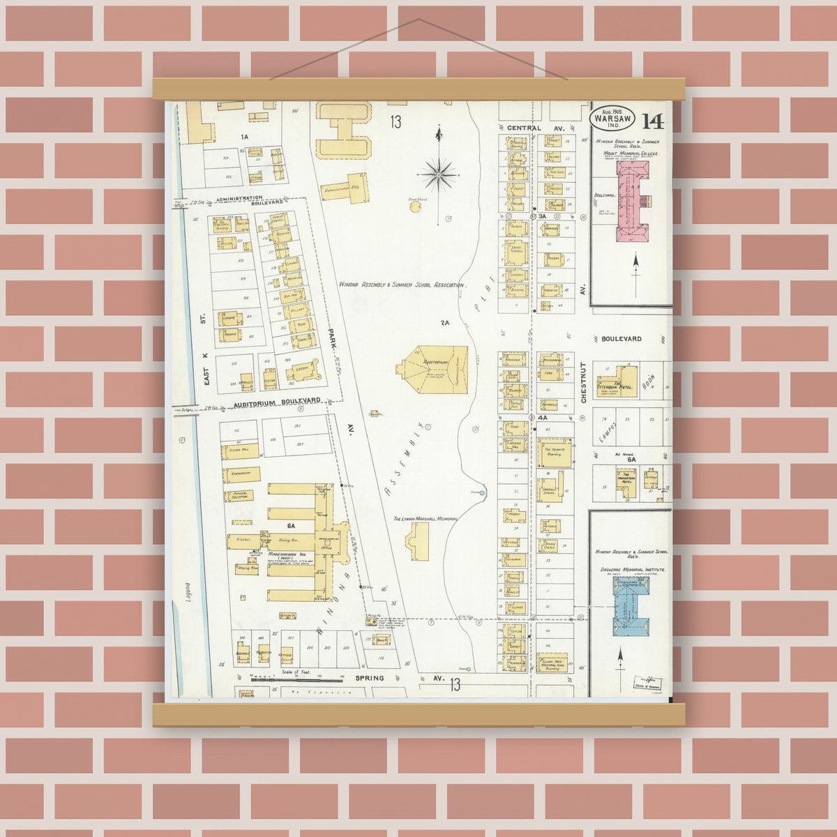 Old map wall art mockup — magnetic wood frame on brick wall — Sanborn Fire Insurance Map from Warsaw, Kosciusko County, Indiana (1905), Sheet #0014