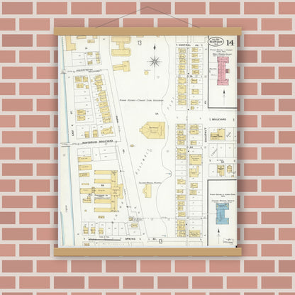 Old map wall art mockup — magnetic wood frame on brick wall — Sanborn Fire Insurance Map from Warsaw, Kosciusko County, Indiana (1905), Sheet #0014