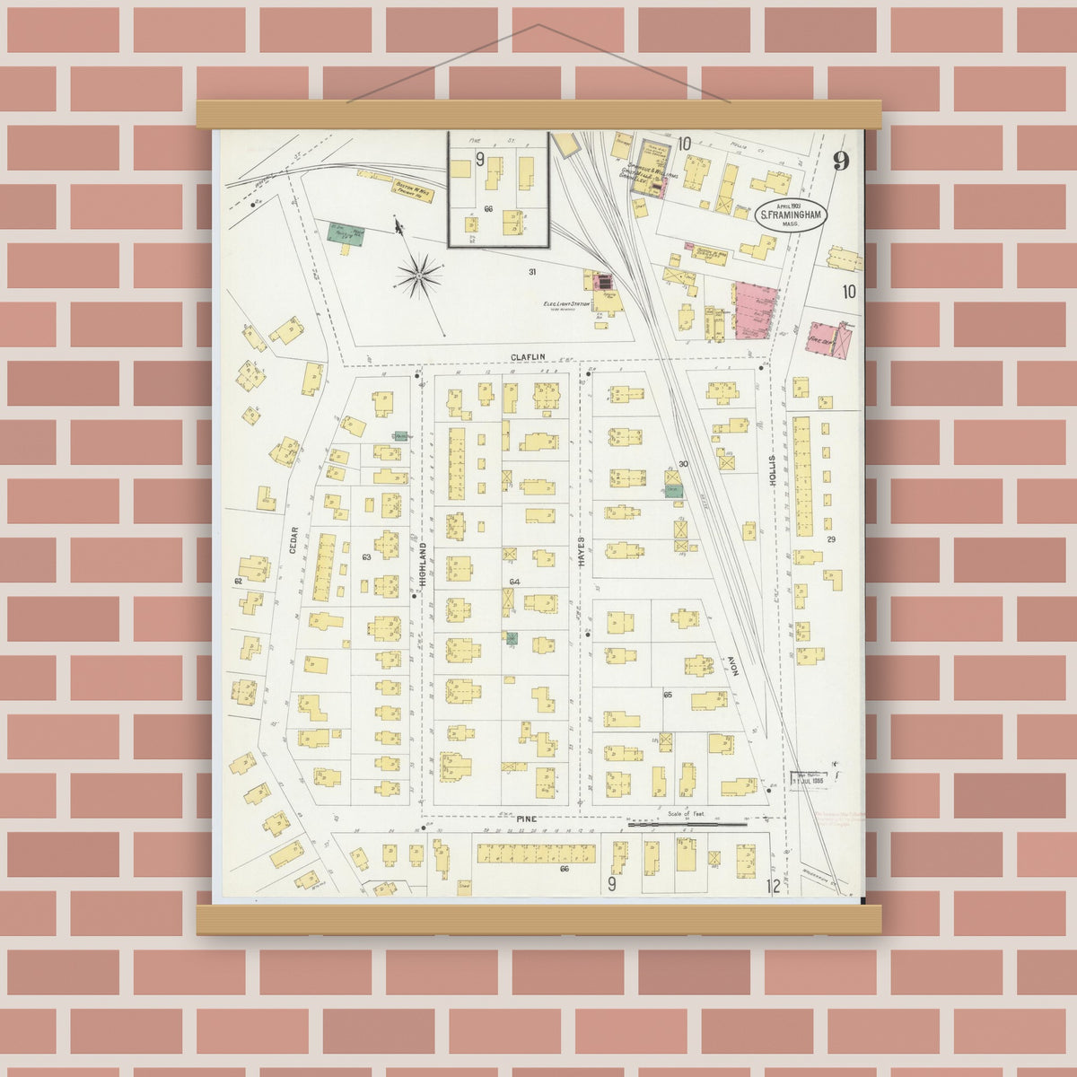 Old map wall art mockup — magnetic wood frame on brick wall — Sanborn Fire Insurance Map from South Farmington, Middlesex County, Massachusetts (1903), Sheet #0009