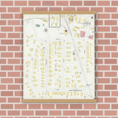 Old map wall art mockup — magnetic wood frame on brick wall — Sanborn Fire Insurance Map from South Farmington, Middlesex County, Massachusetts (1903), Sheet #0009