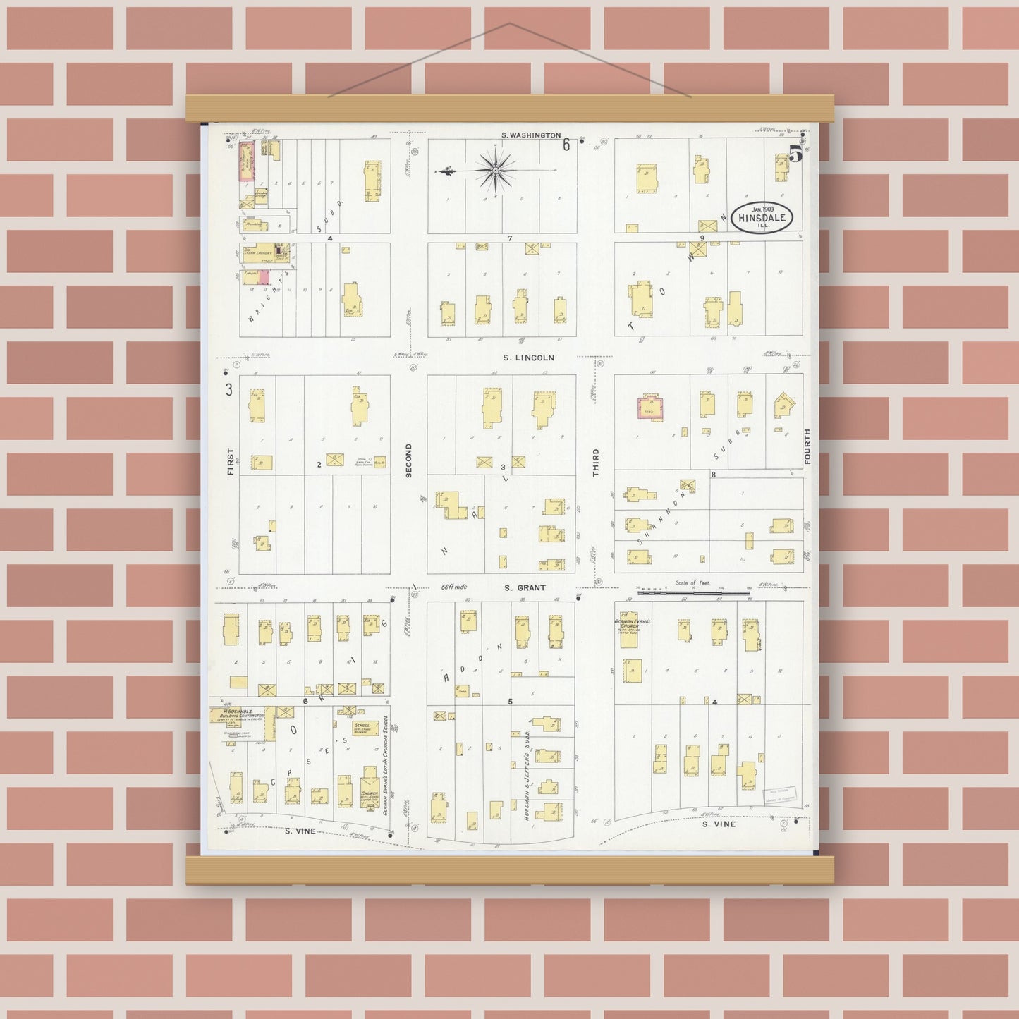 Old map wall art mockup — magnetic wood frame on brick wall — Sanborn Fire Insurance Map from Hinsdale, Du Page And Cook Counties, Illinois (1909), Sheet #0005