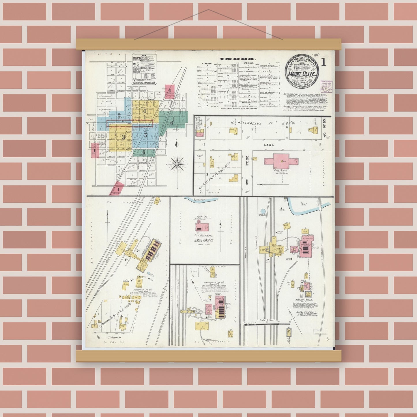 Old map wall art mockup — magnetic wood frame on brick wall — Sanborn Fire Insurance Map from Mount Olive, Macoupin County, Illinois (1905) - Complete Map Set