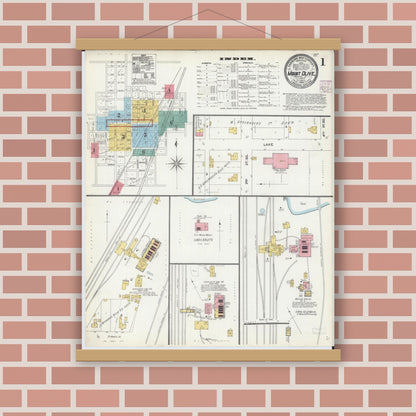 Old map wall art mockup — magnetic wood frame on brick wall — Sanborn Fire Insurance Map from Mount Olive, Macoupin County, Illinois (1905) - Complete Map Set
