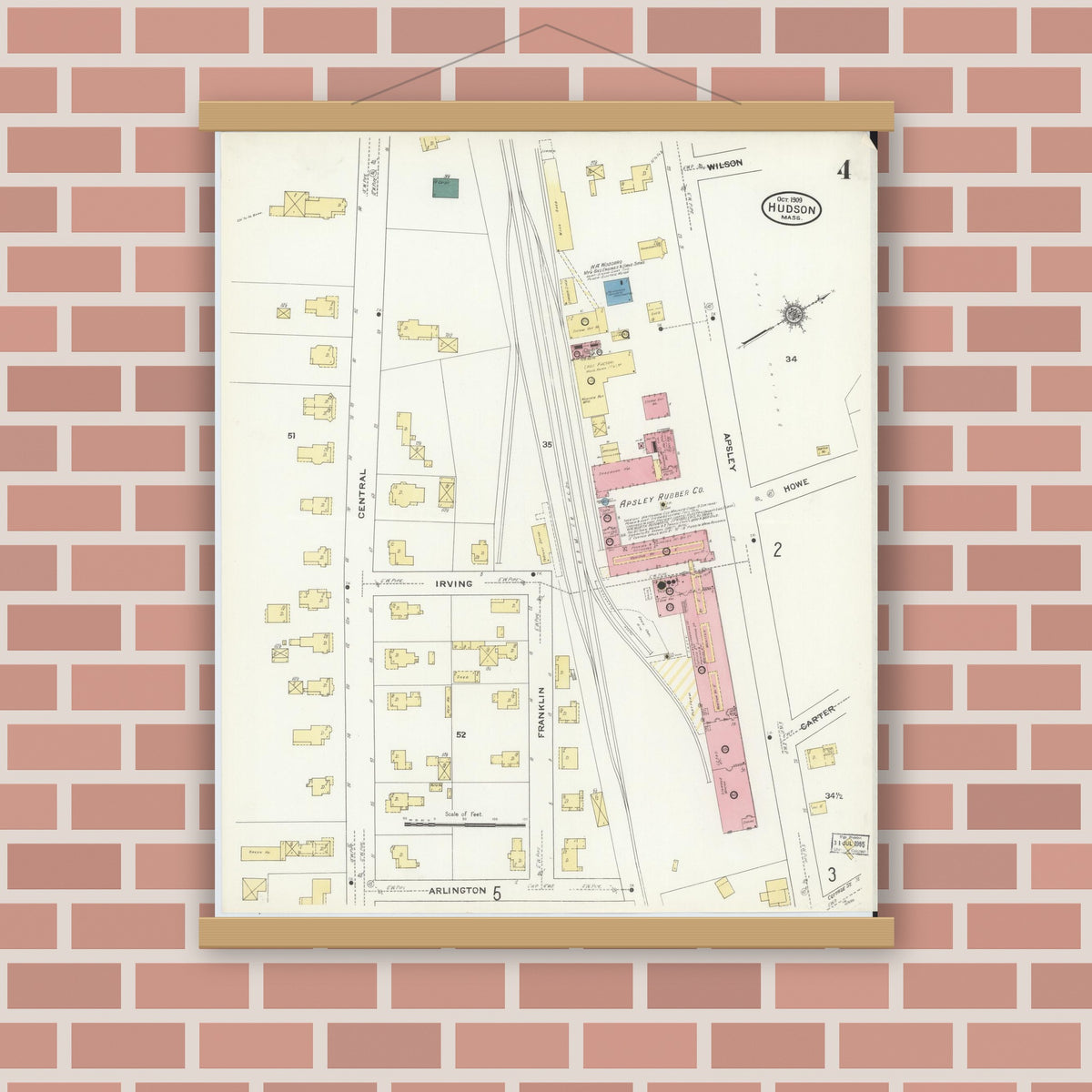Old map wall art mockup — magnetic wood frame on brick wall — Sanborn Fire Insurance Map from Hudson, Middlesex County, Massachusetts (1909), Sheet #0004