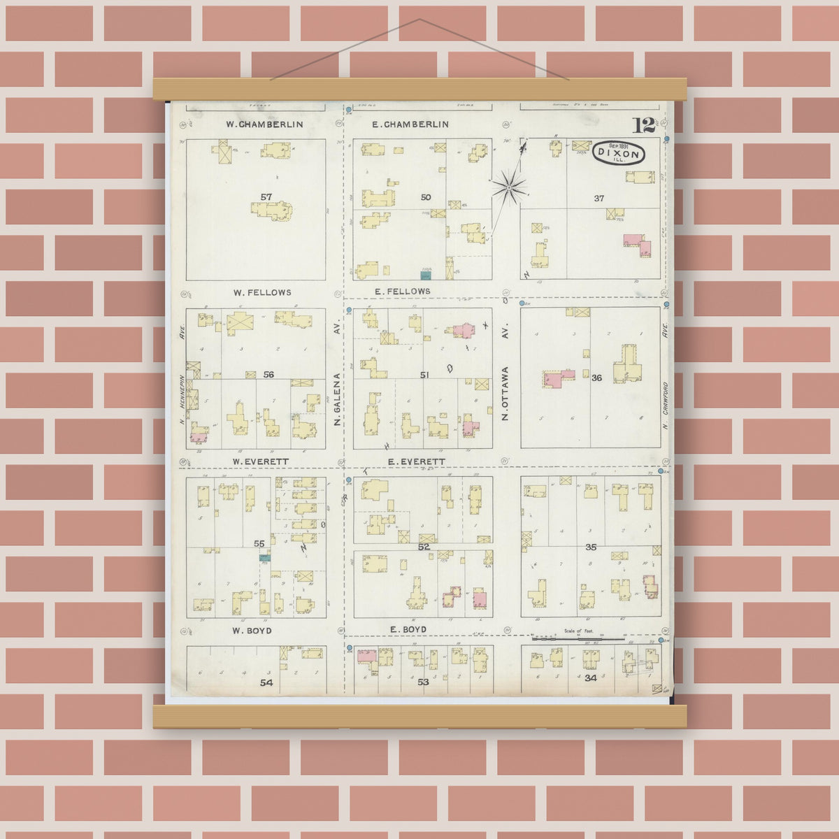 Old map wall art mockup — magnetic wood frame on brick wall — Sanborn Fire Insurance Map from Dixon, Lee County, Illinois (1891), Sheet #0012