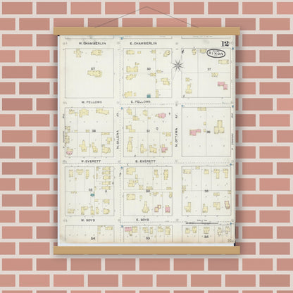 Old map wall art mockup — magnetic wood frame on brick wall — Sanborn Fire Insurance Map from Dixon, Lee County, Illinois (1891), Sheet #0012