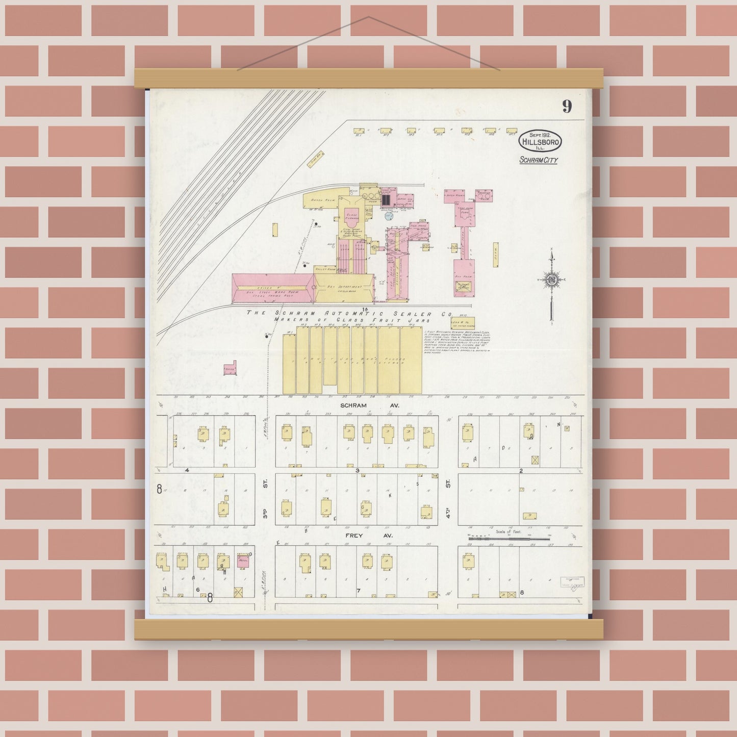 Old map wall art mockup — magnetic wood frame on brick wall — Sanborn Fire Insurance Map from Hillsboro, Montgomery County, Illinois (1912), Sheet #0009