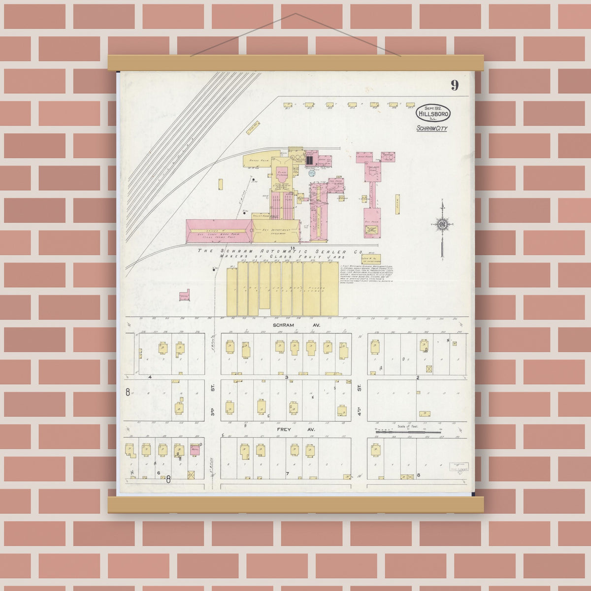 Old map wall art mockup — magnetic wood frame on brick wall — Sanborn Fire Insurance Map from Hillsboro, Montgomery County, Illinois (1912), Sheet #0009