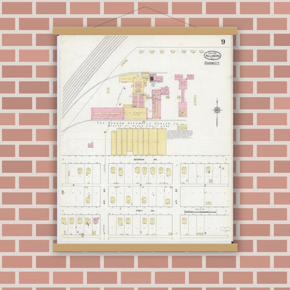 Old map wall art mockup — magnetic wood frame on brick wall — Sanborn Fire Insurance Map from Hillsboro, Montgomery County, Illinois (1912), Sheet #0009