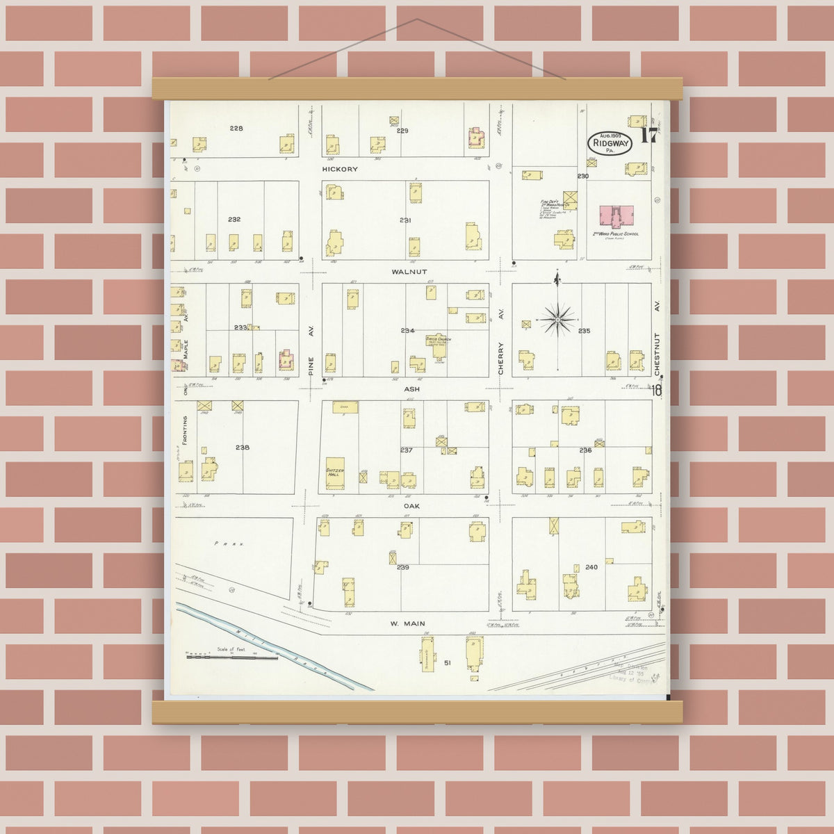 Old map wall art mockup — magnetic wood frame on brick wall — Sanborn Fire Insurance Map from Ridgway, Elk County, Pennsylvania (1909), Sheet #0017