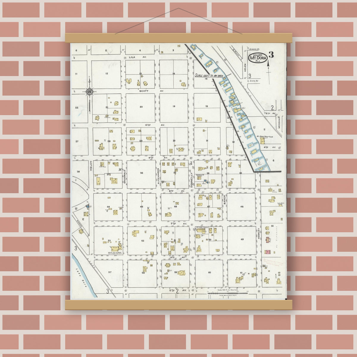 Old map wall art mockup — magnetic wood frame on brick wall — Sanborn Fire Insurance Map from Mount Dora, Lake County, Florida (1920), Sheet #0003