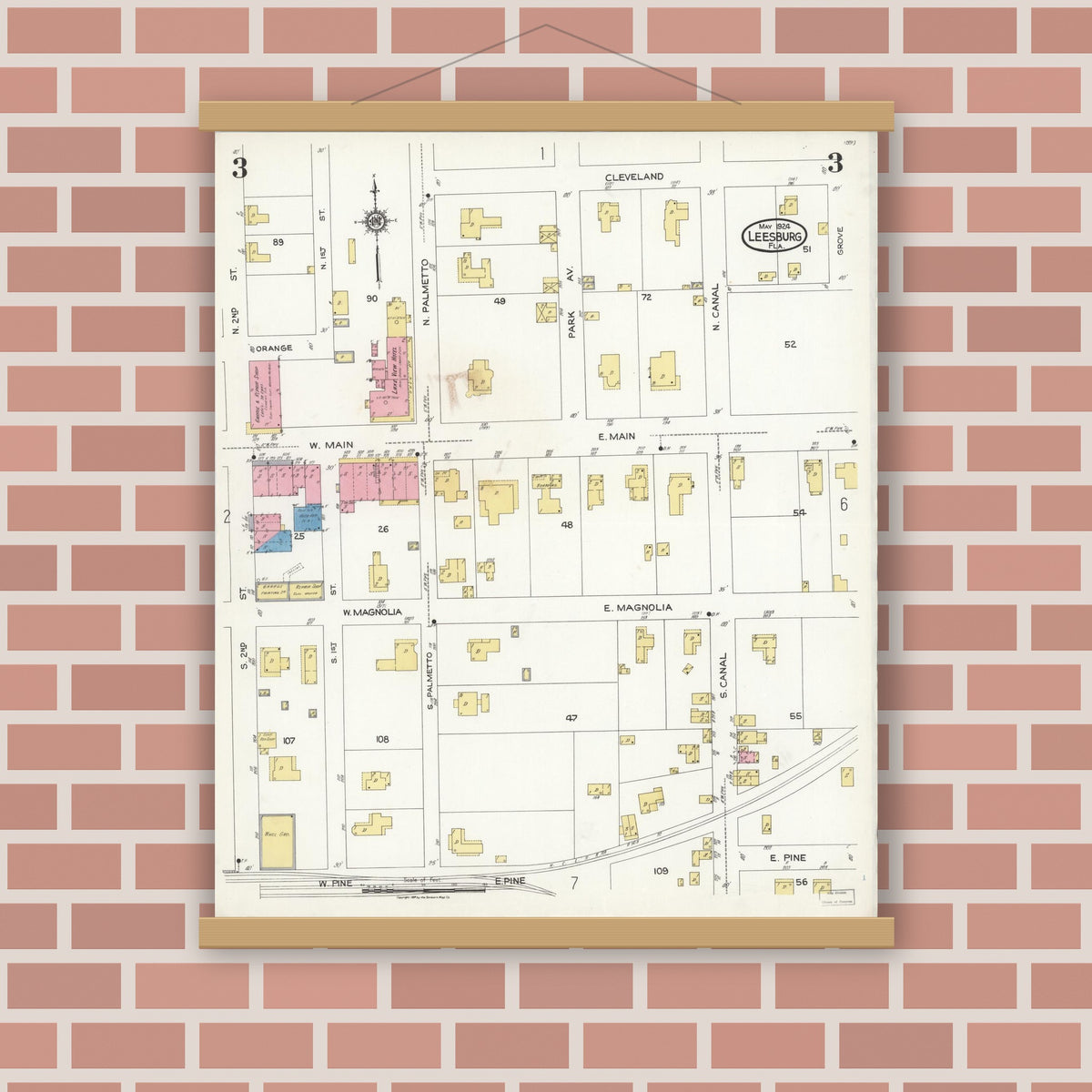Old map wall art mockup — magnetic wood frame on brick wall — Sanborn Fire Insurance Map from Leesburg, Lake County, Florida (1924), Sheet #0003