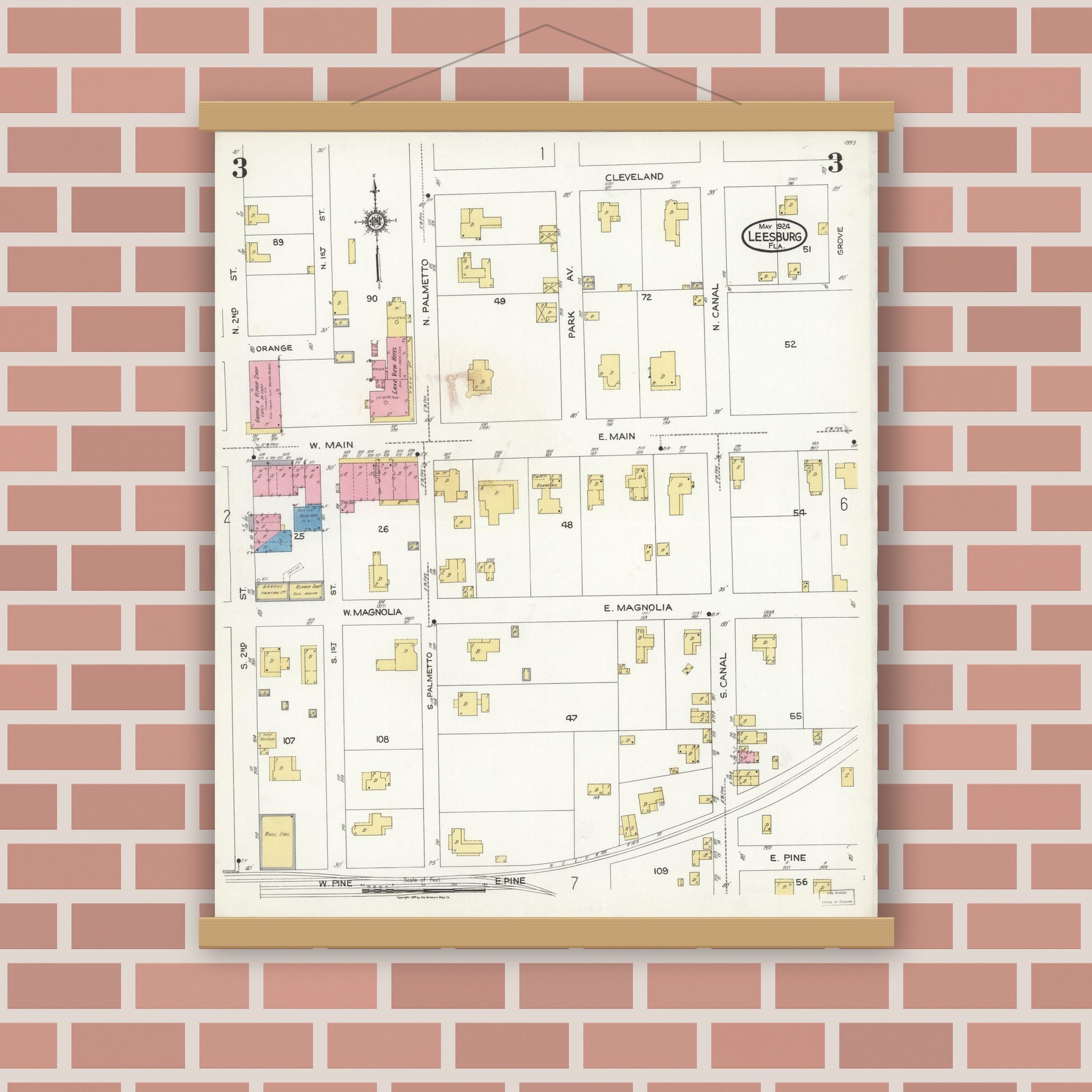 Old map wall art mockup — magnetic wood frame on brick wall — Sanborn Fire Insurance Map from Leesburg, Lake County, Florida (1924), Sheet #0003
