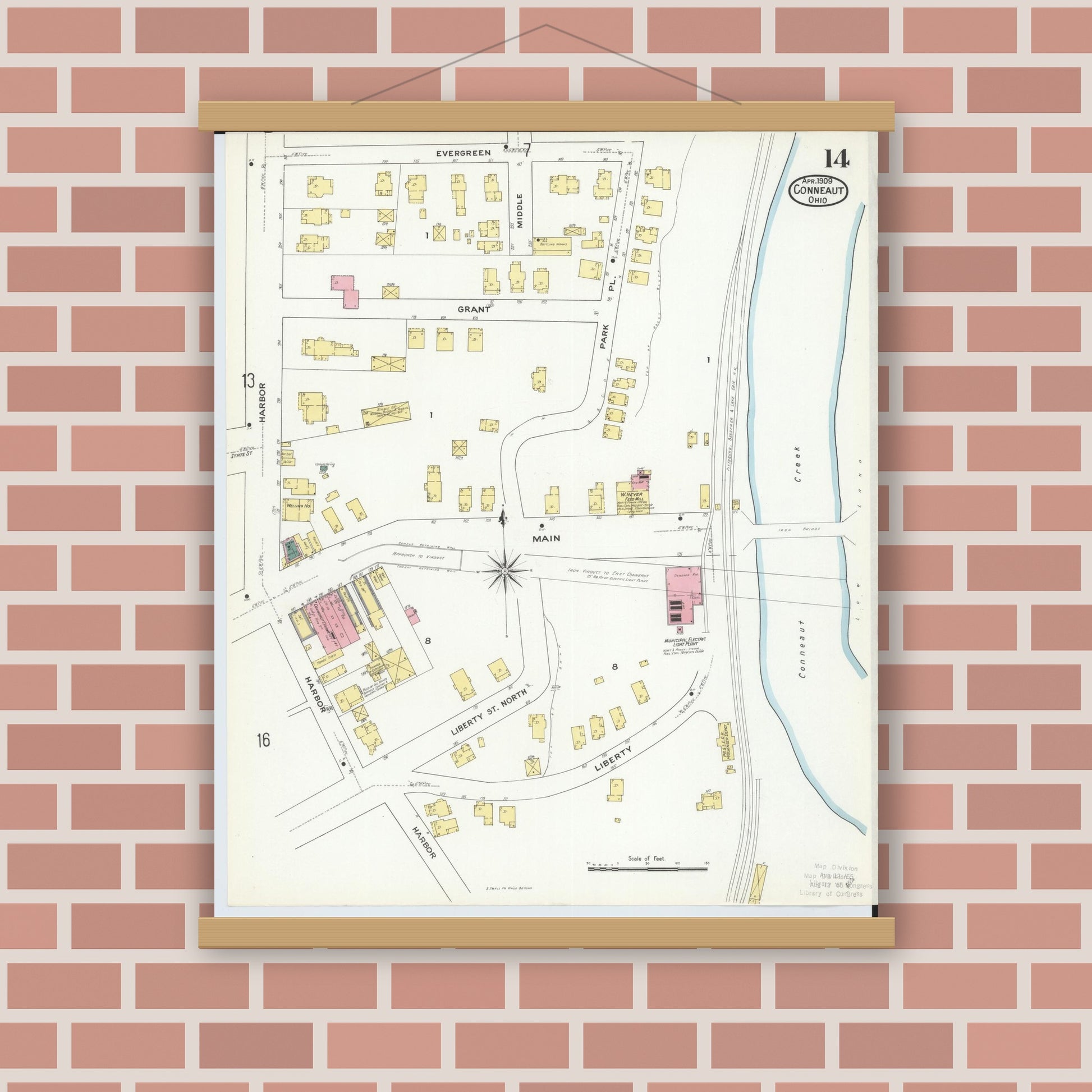 Old map wall art mockup — magnetic wood frame on brick wall — Sanborn Fire Insurance Map from Conneaut, Ashtabula County, Ohio (1909), Sheet #0014