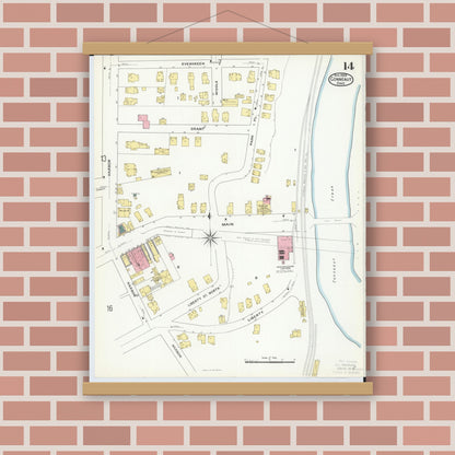 Old map wall art mockup — magnetic wood frame on brick wall — Sanborn Fire Insurance Map from Conneaut, Ashtabula County, Ohio (1909), Sheet #0014