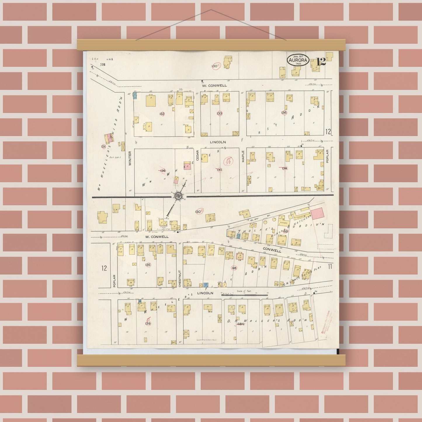 Old map wall art mockup — magnetic wood frame on brick wall — Sanborn Fire Insurance Map from Aurora, Dearborn County, Indiana (1935), Sheet #0012