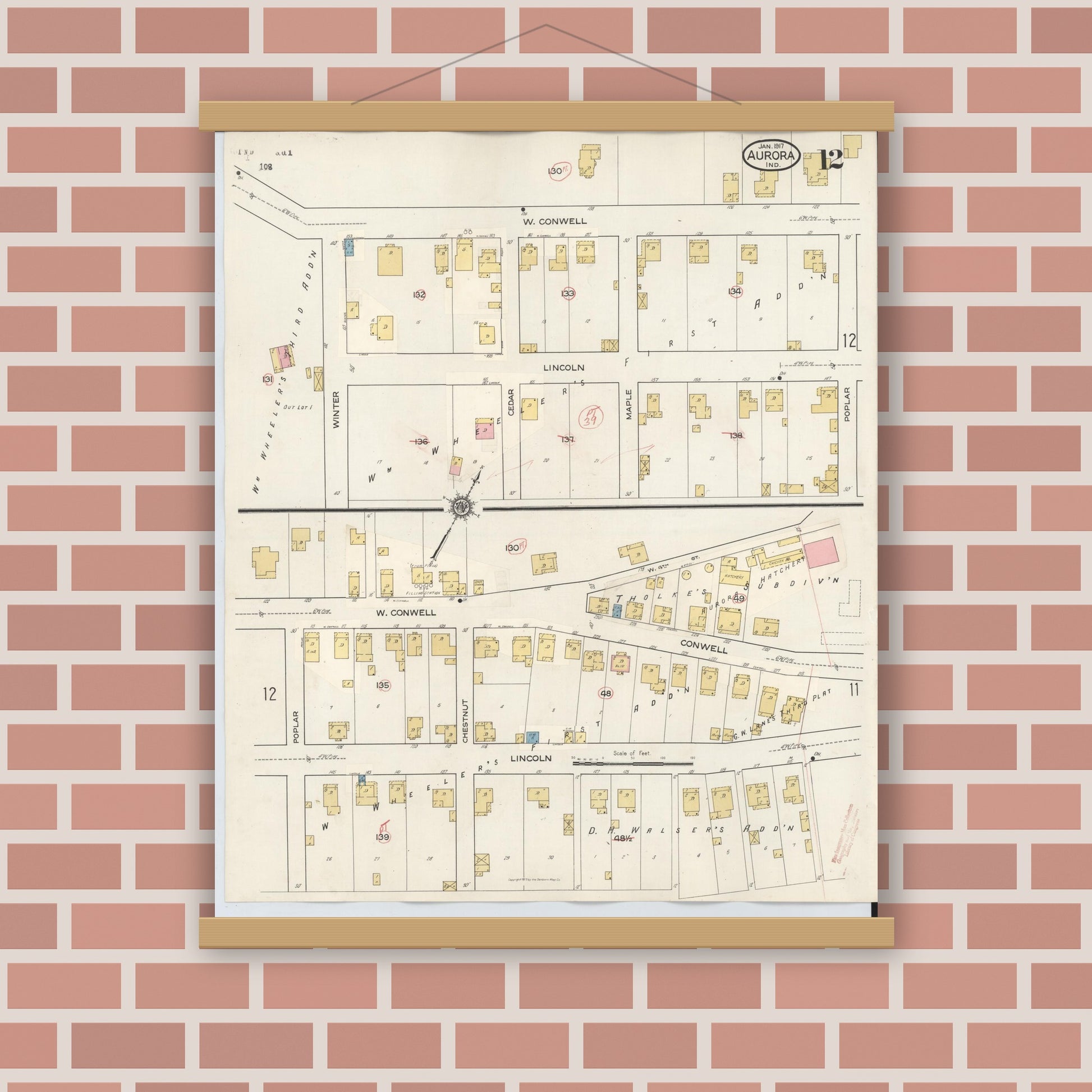 Old map wall art mockup — magnetic wood frame on brick wall — Sanborn Fire Insurance Map from Aurora, Dearborn County, Indiana (1935), Sheet #0012