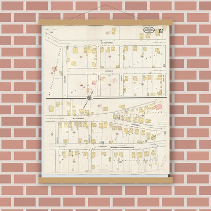 Old map wall art mockup — magnetic wood frame on brick wall — Sanborn Fire Insurance Map from Aurora, Dearborn County, Indiana (1935), Sheet #0012