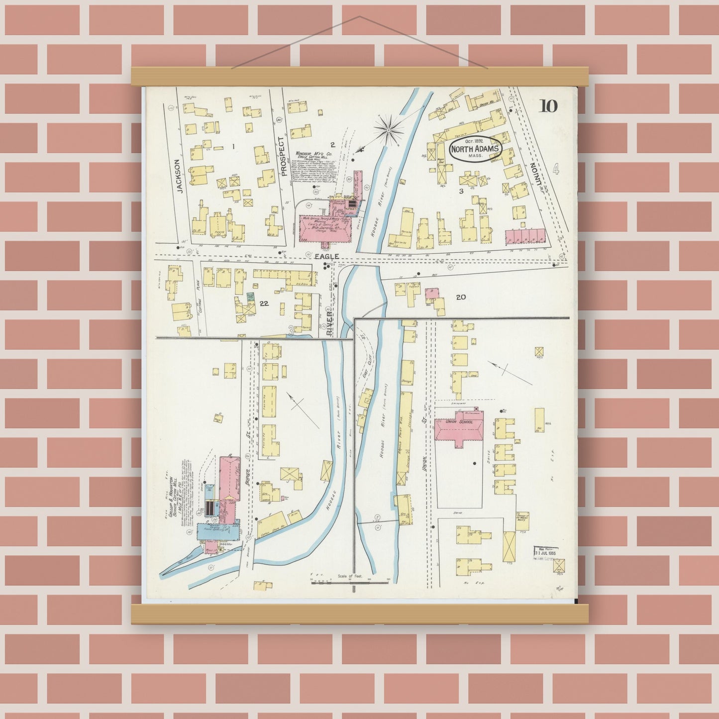 Old map wall art mockup — magnetic wood frame on brick wall — Sanborn Fire Insurance Map from North Adams, Berkshire County, Massachusetts (1892), Sheet #0010