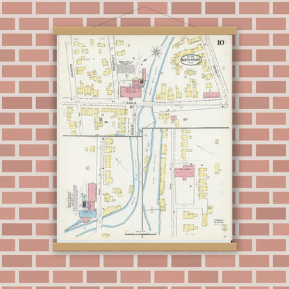 Old map wall art mockup — magnetic wood frame on brick wall — Sanborn Fire Insurance Map from North Adams, Berkshire County, Massachusetts (1892), Sheet #0010