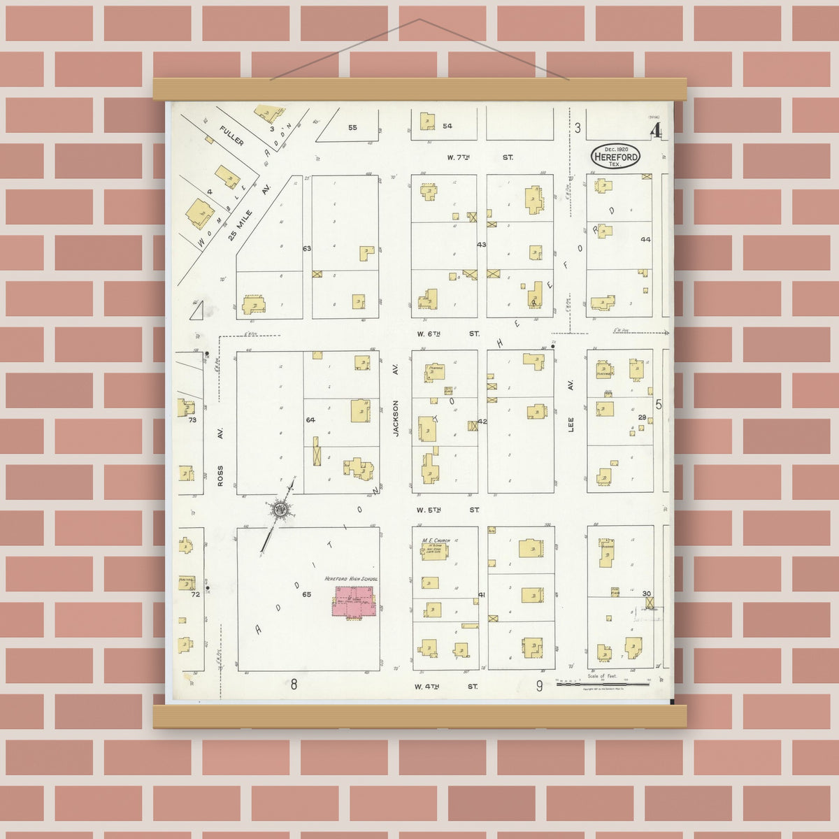 Old map wall art mockup — magnetic wood frame on brick wall — Sanborn Fire Insurance Map from Hereford, Deaf Smith County, Texas (1920), Sheet #0004
