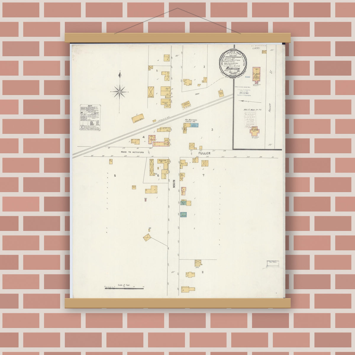 Old map wall art mockup — magnetic wood frame on brick wall — Sanborn Fire Insurance Map from Rubicon, Dodge County, Wisconsin (1900), Sheet #0001