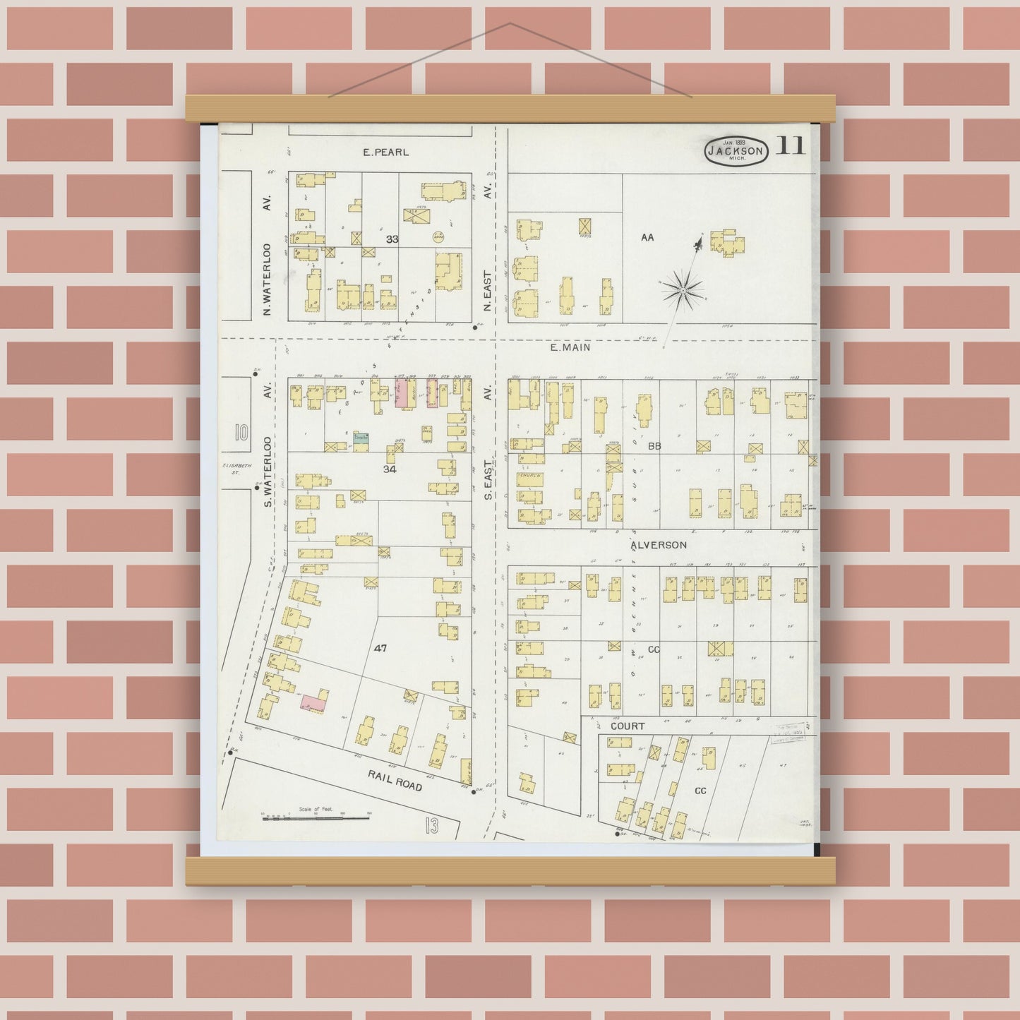Old map wall art mockup — magnetic wood frame on brick wall — Sanborn Fire Insurance Map from Jackson, Jackson County, Michigan (1893), Sheet #0011