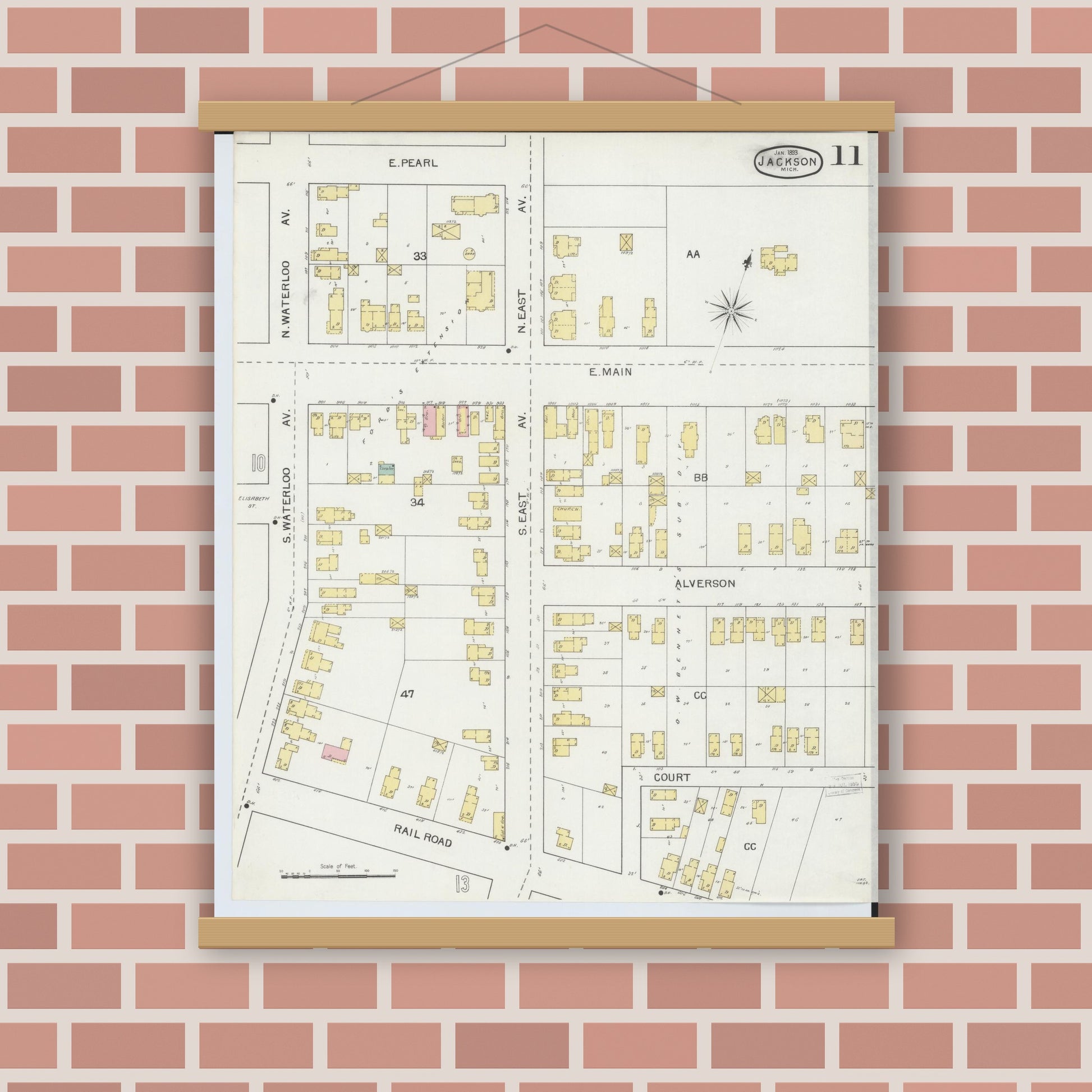 Old map wall art mockup — magnetic wood frame on brick wall — Sanborn Fire Insurance Map from Jackson, Jackson County, Michigan (1893), Sheet #0011